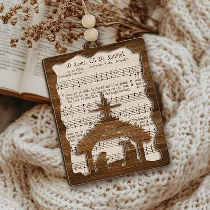 Nativity Hymn Ornament “O Come, All Ye Faithful” – Wooden Christmas Tree Decoration with Hymn Sheet & Holy Family Silhouette Ornament – Christian Holiday Keepsake & Religious Gift