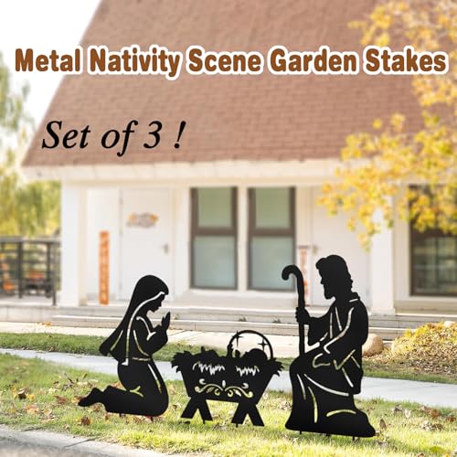 Nativity Scene Outdoor,Black Silhouette Metal Nativity Set for Yard Stakes - color: Nativity-black