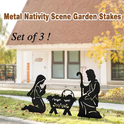 Nativity Scene Outdoor,Black Silhouette Metal Nativity Set for Yard Stakes - color: Nativity-black