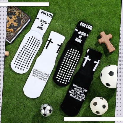 4 Pairs Cross Grip Soccer Socks, Us Size 6-12 - color: Black, White, style: Religious