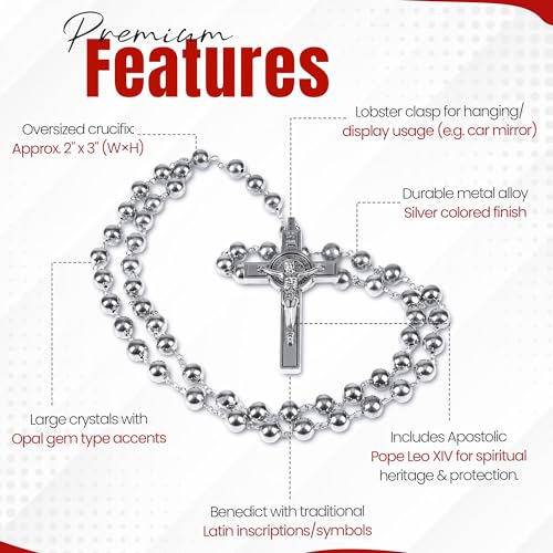 SANCTUM VERITAS Catholic Rosary Necklace | Large Italian Prayer Beads Gift - style: Silver Steel