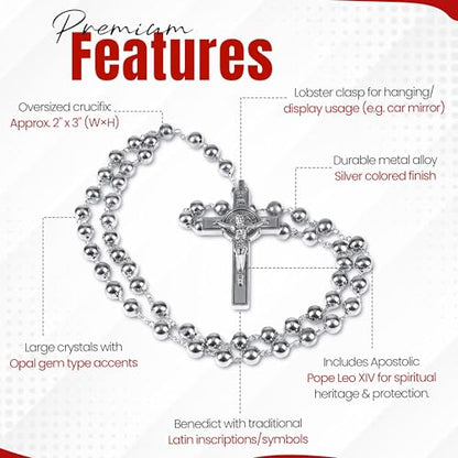 SANCTUM VERITAS Catholic Rosary Necklace | Large Italian Prayer Beads Gift - style: Silver Steel