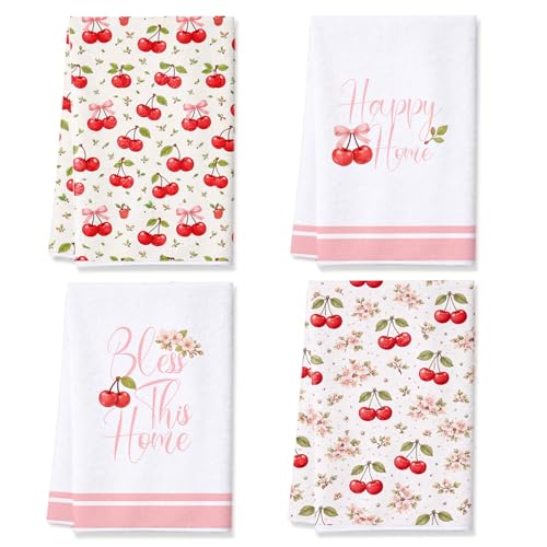 4Pcs Cherry Kitchen Towels,16x24 Inch Absorbent Microfiber Dish Towels - color: Red Cherry