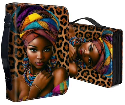 Bible Cover for Women Large PU Leather Zippered Bible Case with Handle and African Woman Design, Christian Bible Cover for Girls & Women, Cover Fits Standard 9.5"x7.5"x2.3" Bible - color: African Woman