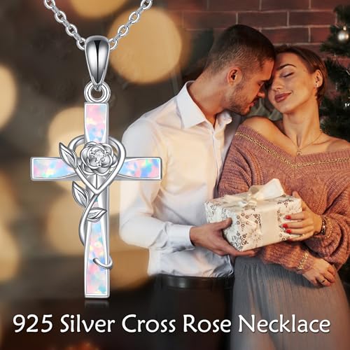 ONEFINITY Cross Necklace 925 Sterling Silver Cross Pendant Religious Jewelry Gifts - style: opal rose cross