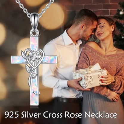 ONEFINITY Cross Necklace 925 Sterling Silver Cross Pendant Religious Jewelry Gifts - style: opal rose cross