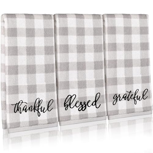 3 Pcs Gray Plaid Farmhouse Hand Towel Blessed Thankful Grateful Embroidered - color: Farmhouse, size: 13.3 x 29.5 inches