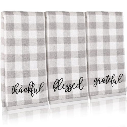 3 Pcs Gray Plaid Farmhouse Hand Towel Blessed Thankful Grateful Embroidered - color: Farmhouse, size: 13.3 x 29.5 inches