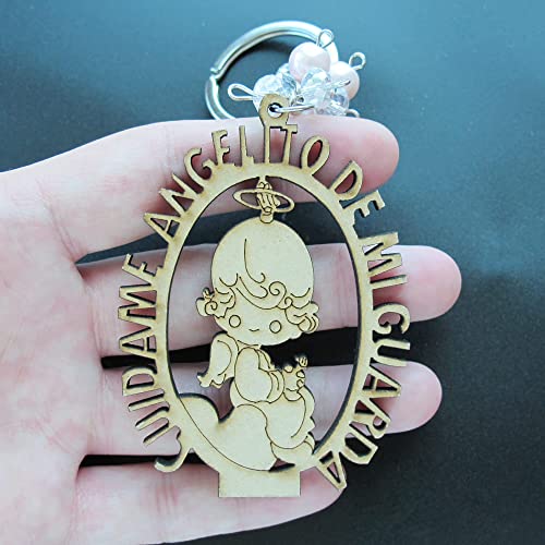 12 PCS Angel Keychain Baptism Favor Pink Beads Wood Design Bags