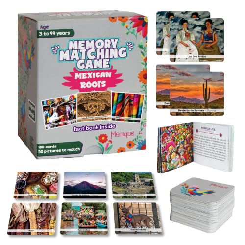 Menique Mexican Roots Memory Matching Game – Bilingual Mexico Culture Matching Game, 100 Photo Cards, 50 Pairs & 2 Booklets – Family Educational Game, Ages 3+ - style: Mexican Roots