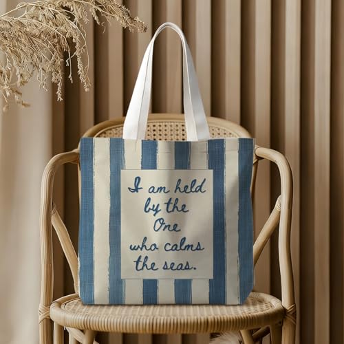 Christian-Flowers-Inspirational Motivational Gifts Canvas Tote Bag for Women,Reusable Shopping Grocery Bags - color: Christian-blue and Beige Striped