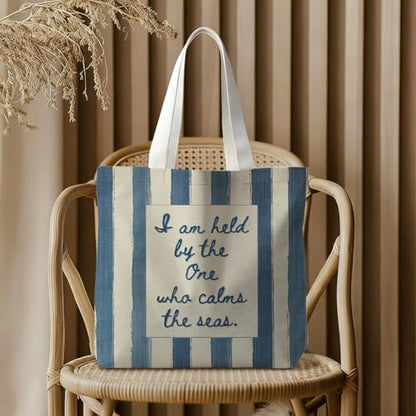 Christian-Flowers-Inspirational Motivational Gifts Canvas Tote Bag for Women,Reusable Shopping Grocery Bags - color: Christian-blue and Beige Striped