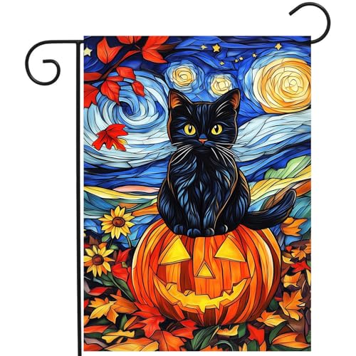 Stained Glass Black Cat Fall Garden Flag Halloween Pumpkin Yard Signs Autumn Sunflower Blue Sky Thanksgiving Banner for Outside 12x18 Double Sided Small Outdoor Decorative - color: autumncat