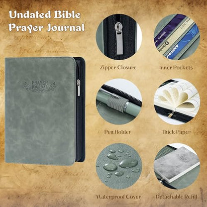 Ospelelf Prayer Journal Zippered Faux Leather Christian Daily Devotional Bible Scripture Study Tracker Notebook Planner for Reflection Gratitude Gift for Jesus Faith Believers Men Women Undated 3 Months Green - color: green