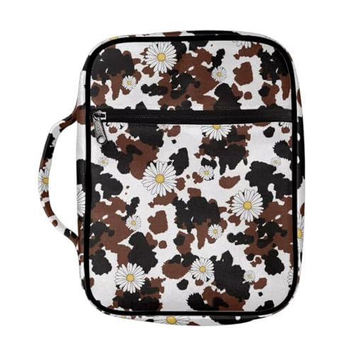 Coldinair Daisy Bible Cover for Women,Canvas Carrying Book Case Brown Cow Print Church Bag Bible Holder with Handle and Zippered Pocket - color: Daisy Brown Cow Print