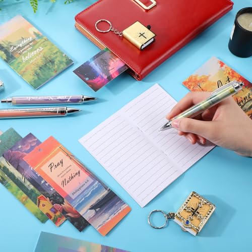 200 Pcs Christian Gift for Women Christian Accessories Include 50 Bible Verses Notebook 50 Church Bookmark 50 Ballpoint Pen Organza Bag Gift for Christmas Church Motivational (Scenery) - style: Scenery
