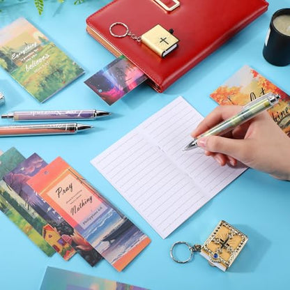 200 Pcs Christian Gift for Women Christian Accessories Include 50 Bible Verses Notebook 50 Church Bookmark 50 Ballpoint Pen Organza Bag Gift for Christmas Church Motivational (Scenery) - style: Scenery