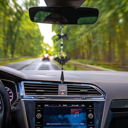 Black Crystal Car Rearview Mirror Charm - Y2K Gothic Bat Pendant Beaded Hanging Charms, Dark Fantasy Witch Halloween Cars Decor, Interior Ornament Gift for Women Men Driver - style: Bat