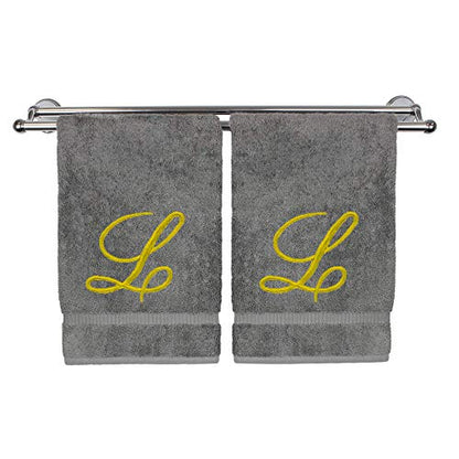 Monogrammed Hand Towel, Personalized Gift, 16 x 30 Inches - Set of 2 - Gold Embroidered Towel - Extra Absorbent 100% Turkish Cotton - Soft Terry Finish - for Bathroom, Kitchen and Spa - Script L Gray - color: Gold on Gray, style: Initial L