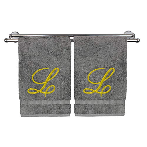 Monogrammed Hand Towel, Personalized Gift, 16 x 30 Inches - Set of 2 - Gold Embroidered Towel - Extra Absorbent 100% Turkish Cotton - Soft Terry Finish - for Bathroom, Kitchen and Spa - Script L Gray - color: Gold on Gray, style: Initial L