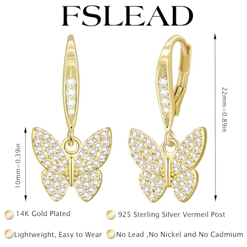 14K Gold Earring Cross Waterdrop Butterfly Heart Knot Earrings for Women Gold Silver Cross Leverback Drop Gold Silver Teardrop Hoop Dangle Earring White Gold Dangle Drop Earring - color: Gold-CZ Butterfly Leverback Earring