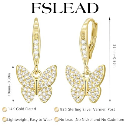 14K Gold Earring Cross Waterdrop Butterfly Heart Knot Earrings for Women Gold Silver Cross Leverback Drop Gold Silver Teardrop Hoop Dangle Earring White Gold Dangle Drop Earring - color: Gold-CZ Butterfly Leverback Earring