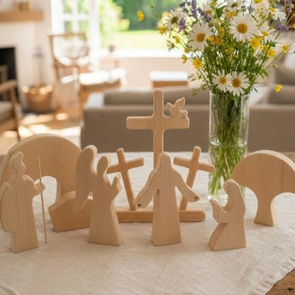 8-Piece Tabletop Religious Decor - Christian Home Decor Figurines, Minimalist Jesus Cross Centerpiece - Natural Wood