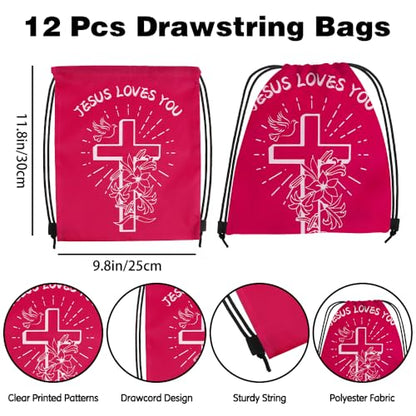 12 Pcs Christian Drawstring Bags Religious Drawstring Backpack Jesus Loves You Easter Church Gifts Christian Religious Gifts Bags School Easter Religious Gift Bible Verse Party Favors