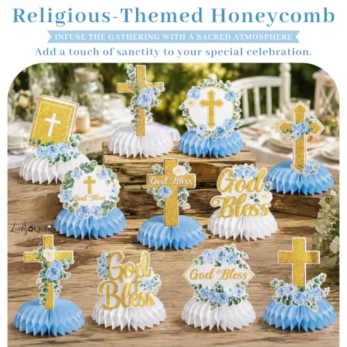11Pcs Blue Floral God Bless Honeycomb Centerpieces, Baptism Christening Table Decorations, Christian Cross Religious Centerpiece for Baby Shower First Communion Birthday Party Supplies