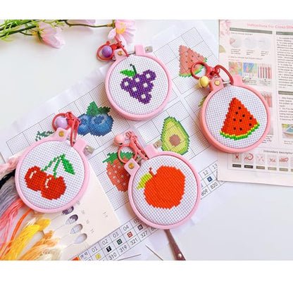 VIGEGU 8 Pack Fruit Stamped Cross Stitch Kits for Kids Beginners with Frame - color: Fruit