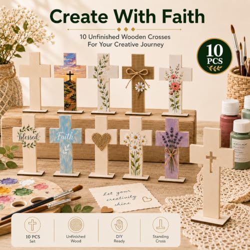 Wooden Crosses for Crafts: 10 Pack Unfinished Wood - DIY Blank Crosses with Stands Small Religious Crucifix Ornaments Catholic Baptism Centerpiece DIY Craft Supplies