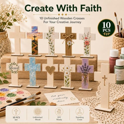 Wooden Crosses for Crafts: 10 Pack Unfinished Wood - DIY Blank Crosses with Stands Small Religious Crucifix Ornaments Catholic Baptism Centerpiece DIY Craft Supplies