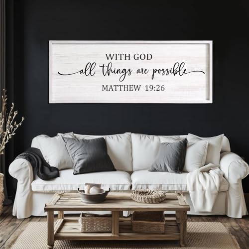 With God All Things are Possible Framed Wall Art, 40''×15'' Vintage Holy Religious Rustic Bible Verse for Christian God Jesus Christ Prayer, Positive Horizontal Inspirational Catholic Scripture Decor - color: White Frame, style: With God All Things are Po