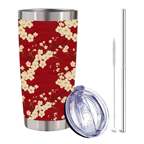 Red Cherry Blossom Tumbler 20 oz, Sakura Floral Insulated Stainless Steel Cup with Lid and Straw, Cream Botanical Travel Coffee Mug, Gifts for Women Mom, Flower Lovers - color: Asian Floral