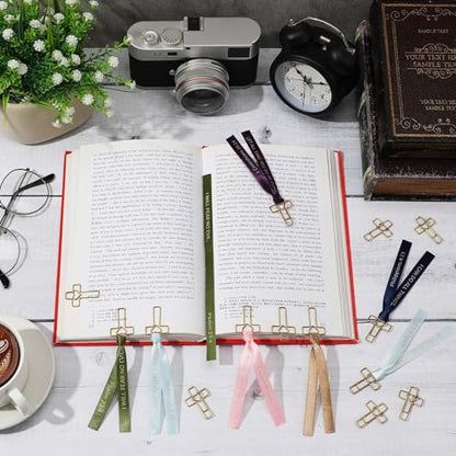 Resurhang 80 Pack Heart Cross Paper Clips with Ribbons 40 Gold Bible Paper Clips 40 Christian Bookmark Ribbons Bible Study Journaling Supplies Easter Eggs Fillers Women Christian Gifts - color: Gold