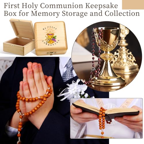 Wonderjune First Communion Wooden Keepsake Box First Holy Communion Gift Cross Rosary Jewelry Box Baptism Gift Memory Storage(Large)