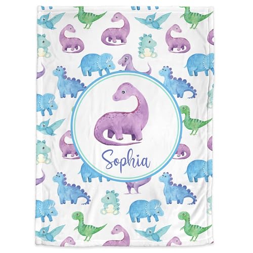 Personalized Baby Blanket – Printed in USA, Purple Dinosaur Name Blanket for Girls, Watercolor Dino Newborn Swaddle, Personalized Dino Baby Gift, Baptism, Soft Fleece 30"X40" - color: Purple Dinosaur Baby