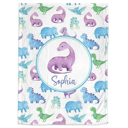 Personalized Baby Blanket – Printed in USA, Purple Dinosaur Name Blanket for Girls, Watercolor Dino Newborn Swaddle, Personalized Dino Baby Gift, Baptism, Soft Fleece 30"X40" - color: Purple Dinosaur Baby