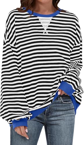 UEU Women Oversized Striped Crewneck Sweatshirt Long Sleeve Casual Pullover - color: Black Striped, size: Large