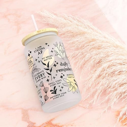 Daily Affirmation Iced Coffee Cup [Frosted], Glass Cups with Bamboo Lids and Straws | 16 oz Mason Jar Drinking Glasses & Boba Cup | Glass Tumbler with Straw and Lid Mental Health [Vulgar Edition] - color: Affirmation (Vulgar)