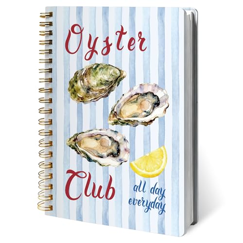 Coastal Oyster Club Notebook Journal, Oyster Lover Gifts Notebooks for Work, Blue Striped Ocean Seafood Journal, Nautical Beach Hardcover Spiral Notebook 5.5x8.3 Inch - color: Color-6
