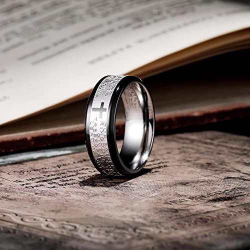 King Will Stainless Steel Men Ring Lord's Prayer Cross Ring Stainless Steel Men Wedding Ring, Wedding Band Bible Engraved Rings High Polished, Comfort Fit - color: black