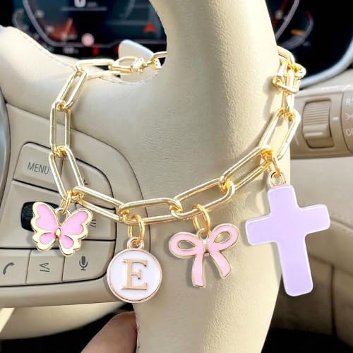 Cross Letter E Gold Car Steering Wheel Charm Chain Christian Gifts - color: Butterfly Letter E