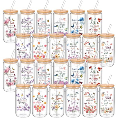 Teenyyou 24 Sets of Christian Gifts for Women Bible Verse Glasses Tumbler with Bamboo Lid and Glass Straw 16oz Inspirational Religious Coffee Cup for Birthday Christmas Faith Lovers Use & Home Decor - style: Bible Flowers