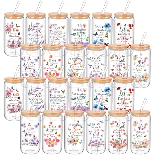 Teenyyou 24 Sets of Christian Gifts for Women Bible Verse Glasses Tumbler with Bamboo Lid and Glass Straw 16oz Inspirational Religious Coffee Cup for Birthday Christmas Faith Lovers Use & Home Decor - style: Bible Flowers