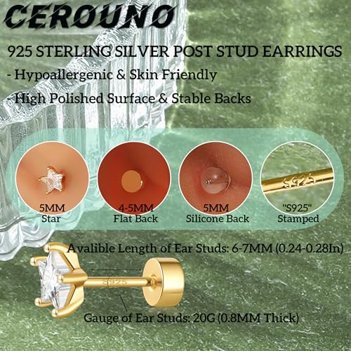 CEROUNO Flat Back Stud Earrings - 925 Sterling Silver Post Flatback Earrings Gold Silver Cubic Zirconia Earrings Studs for Women - color: Gold Star