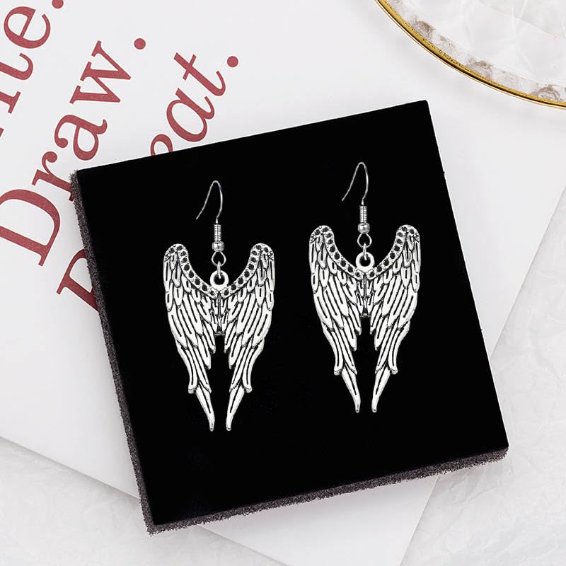coadipress Angel Wing Earrings for Women Unique Silver Plated Fairy Feather Guardian Dangle Drop Hook Earrings Jewelry - color: Silver Double Wing