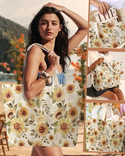 Miss Adola Large Tote Bag for Women - Canvas Tote Bag with Zipper Aesthetic Reusable Shoulder Bag for Gym, Travel, Work - style: Watercolor Sunflower