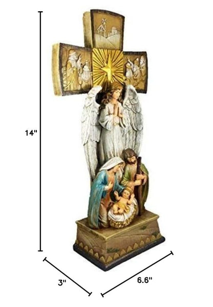 Christian Brands Beautiful Christmas 14" H Tabletop Nativity Cross. One Piece Nativity Set with Figures of The Holy Family and and Holy Spirit Angel and Detailed Carvings of Three Kings, Shepherds