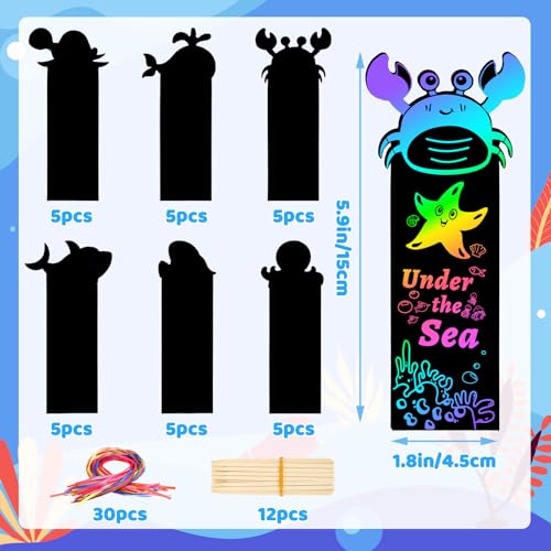 JUNEBRUSHS 30Pcs Ocean Crafts, Rainbow Magic Ocean Animals Scratch Bookmarks Under The Sea Party Favors Games for Activities Summer Arts and Crafts - style: Ocean Style